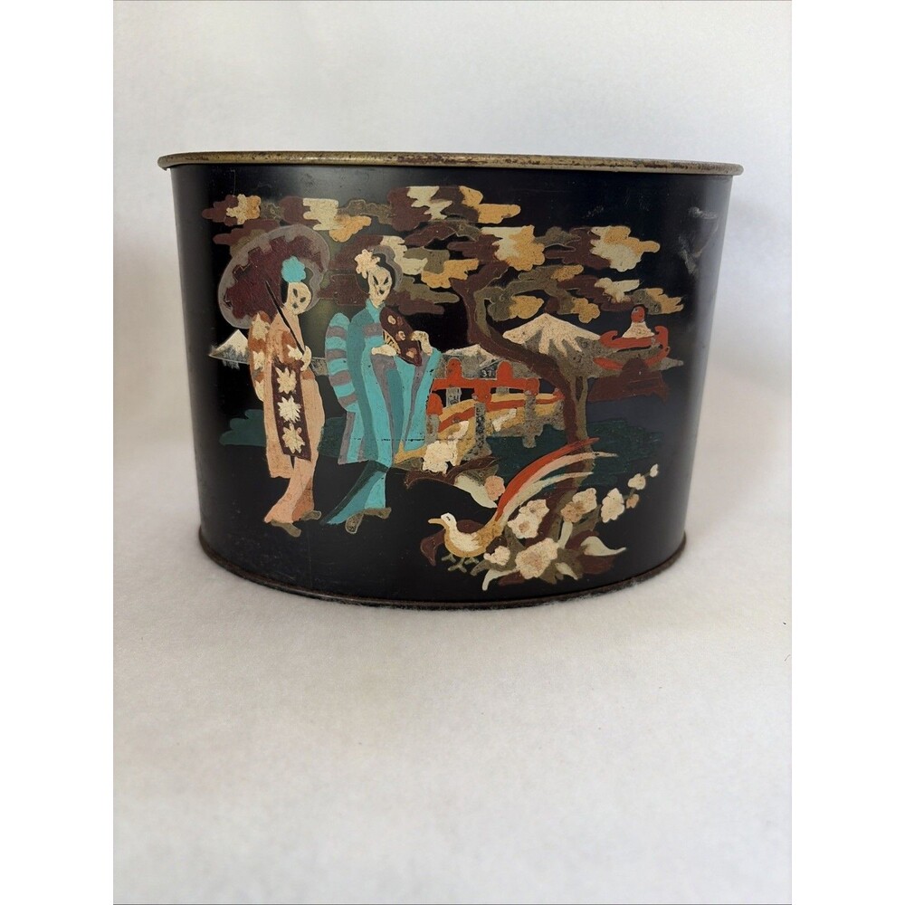 Mid Century Japanese Painted Metal Planter Bucket • Black Lacquer Style • Pagoda